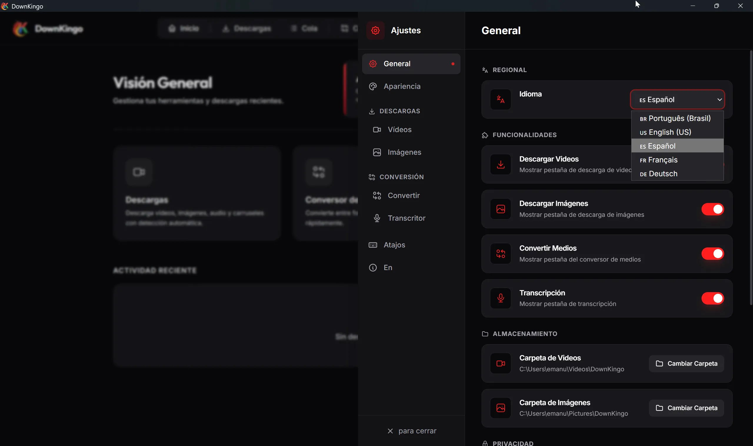 DownKingo v3.1.2 language settings with Portuguese, English, Spanish, French, and German