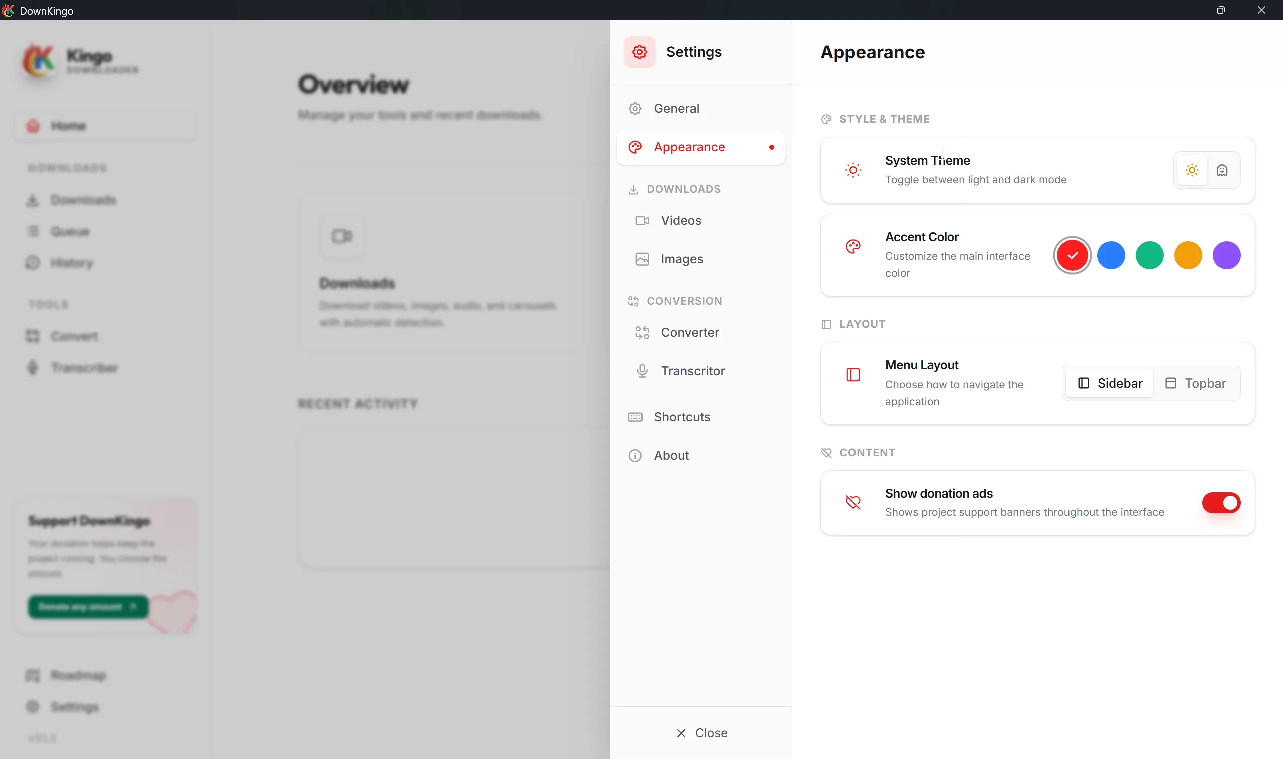 DownKingo v3.1.2 appearance settings with theme, accent color, and navigation layout controls