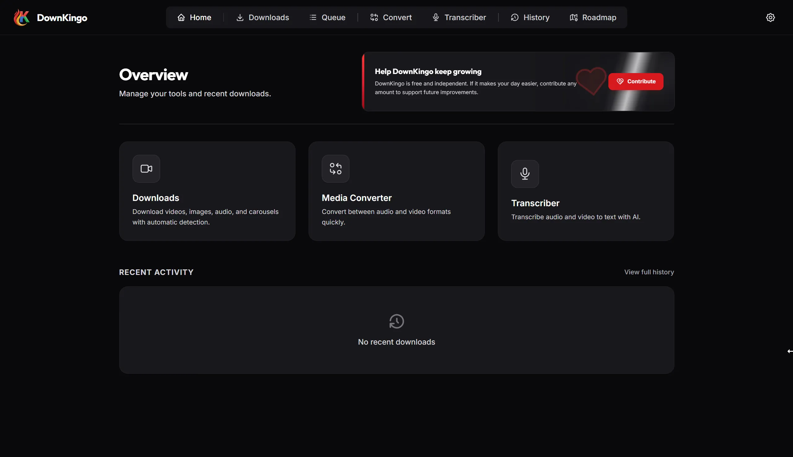 DownKingo v3.1.2 dashboard with Downloads, Media Converter, and Transcriber